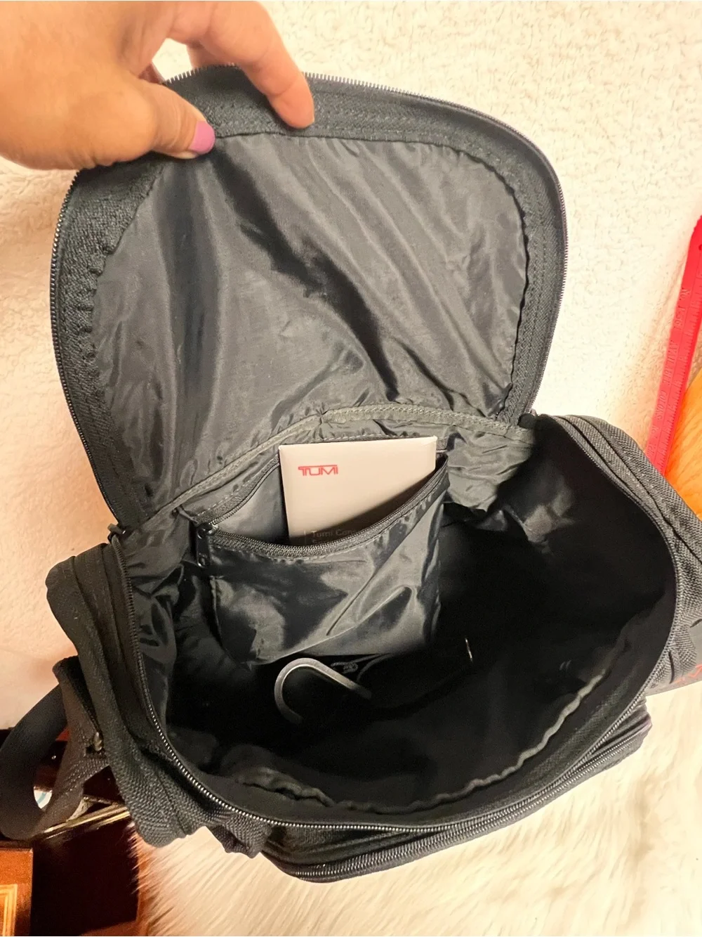 Tumi Black Nylon Messenger Bag with Red Logo Tag